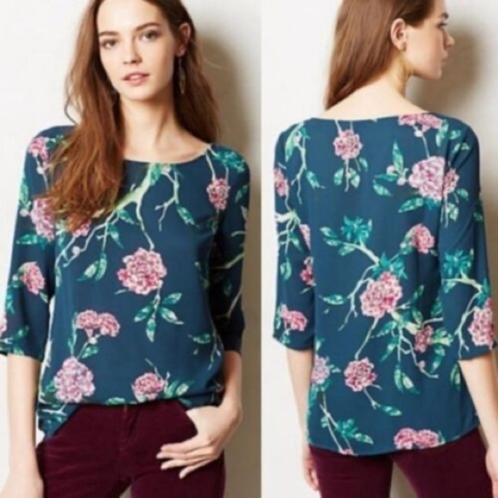 Anthropologie HD in Paris Floral Blouse – Dark Green, Machine Washable